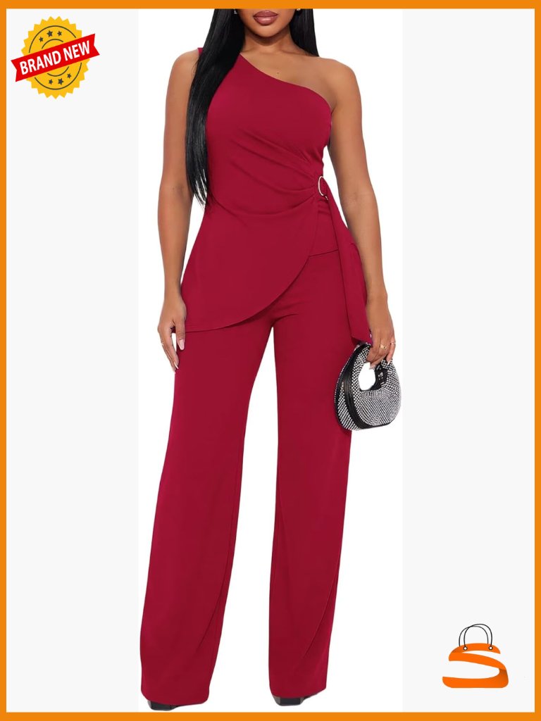 One Shoulder Flare Pants Set Elegant 2 Piece Jumpsuit Formal